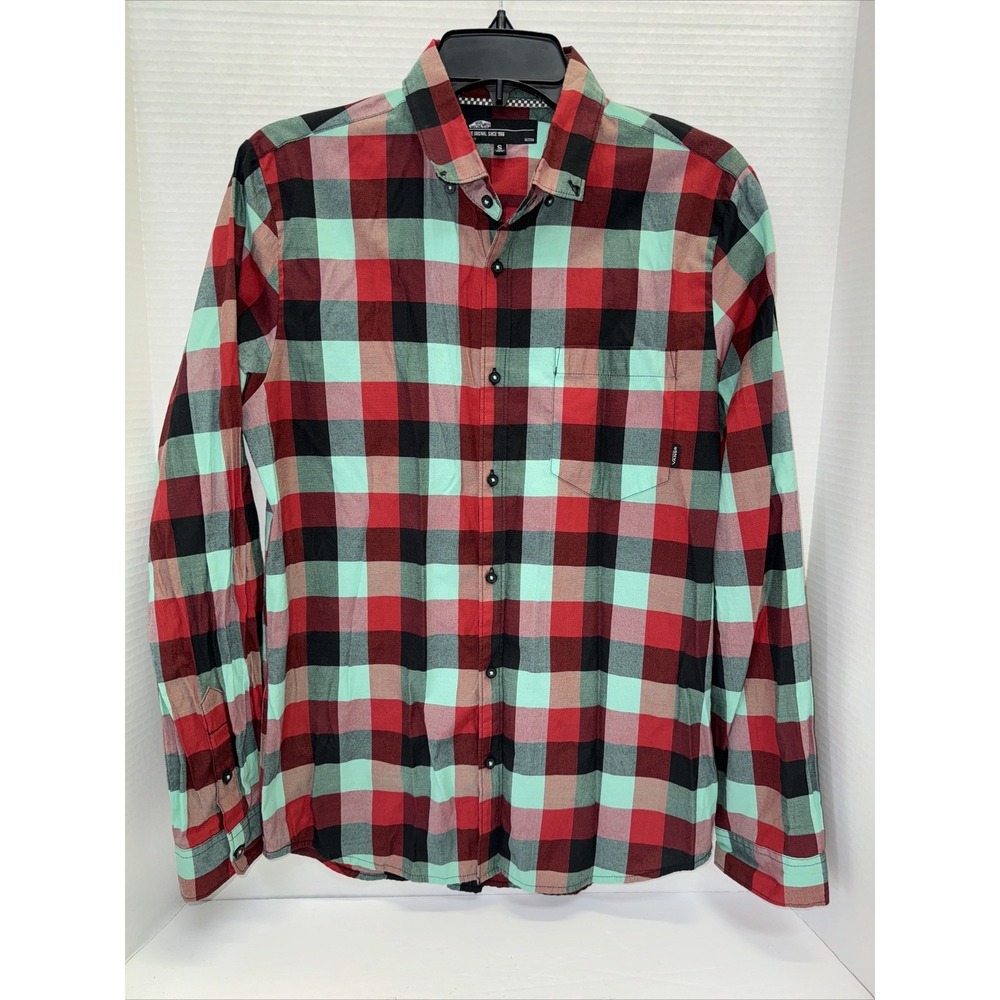Vans Off The Wall Shirt Men's Small Red & Teal Checkered Long Sleeve Button Up